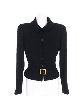 Chanel Vintage 96A CC Logo Button Belted Wool Tweed Short Jacket Black 36